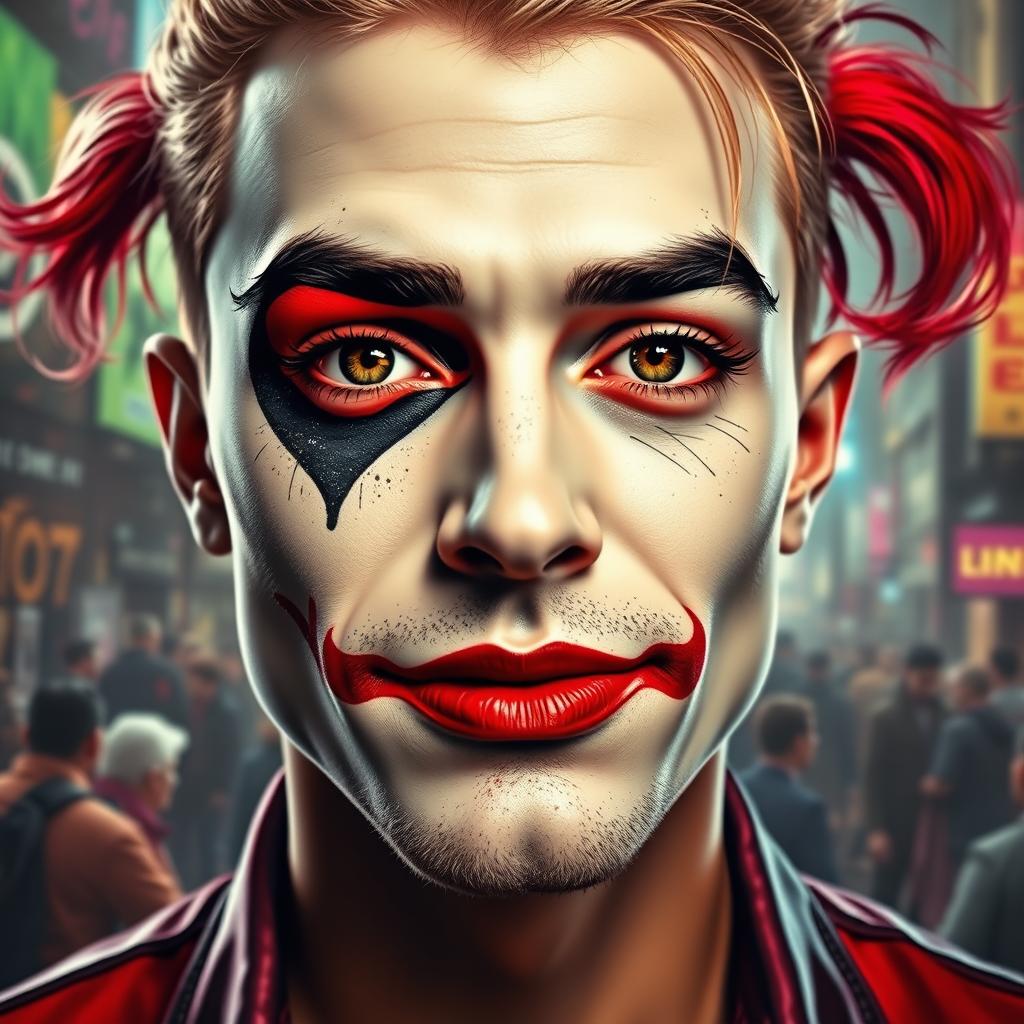 A close-up portrait of a man with a Harley Quinn-inspired filter on his face