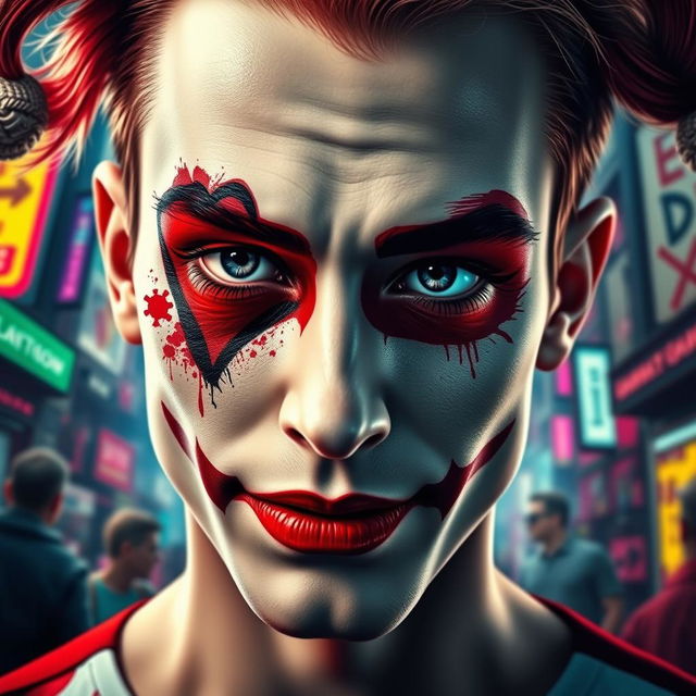 A close-up portrait of a man with a Harley Quinn-inspired filter on his face