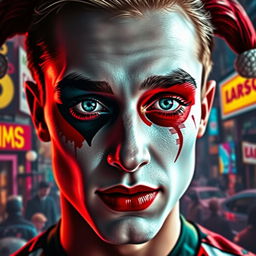 A close-up portrait of a man with a Harley Quinn-inspired filter on his face