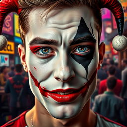 A close-up portrait of a man with a Harley Quinn-inspired filter on his face