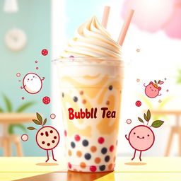 A vibrant advertisement for a bubble tea brand featuring a delicious milk tea drink with colorful tapioca pearls glistening in the sunlight
