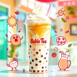 A vibrant advertisement for a bubble tea brand featuring a delicious milk tea drink with colorful tapioca pearls glistening in the sunlight