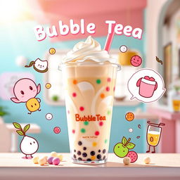 A vibrant advertisement for a bubble tea brand featuring a delicious milk tea drink with colorful tapioca pearls glistening in the sunlight