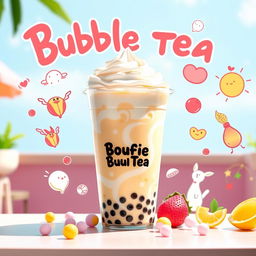 A vibrant advertisement for a bubble tea brand featuring a delicious milk tea drink with colorful tapioca pearls glistening in the sunlight