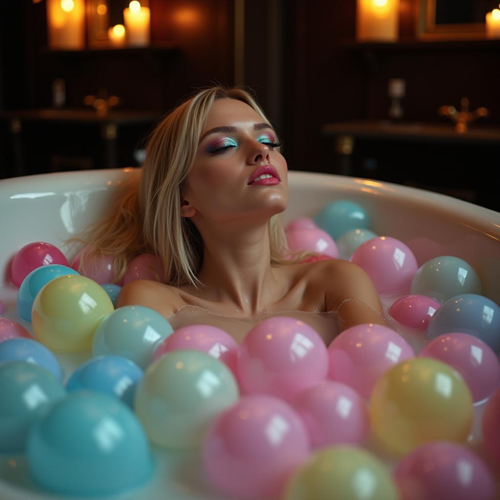 A beautiful, sensuous 18-year-old girl with a thin face and curvy figure, adorned with long blond hair, lies nude in a large luxurious bathtub filled with small shiny, soft, multi-colored water balloons that cover her soft body