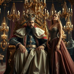 A powerful king with a regal bearing, sitting on an ornate throne made of gold and adorned with intricate designs