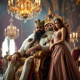 A powerful king with a regal bearing, sitting on an ornate throne made of gold and adorned with intricate designs