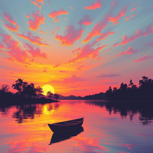 Artwork of a beautiful sunset over a tranquil lake, with vibrant oranges, pinks, and purples in the sky reflecting on the water