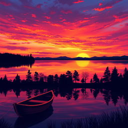 Artwork of a beautiful sunset over a tranquil lake, with vibrant oranges, pinks, and purples in the sky reflecting on the water