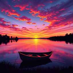Artwork of a beautiful sunset over a tranquil lake, with vibrant oranges, pinks, and purples in the sky reflecting on the water