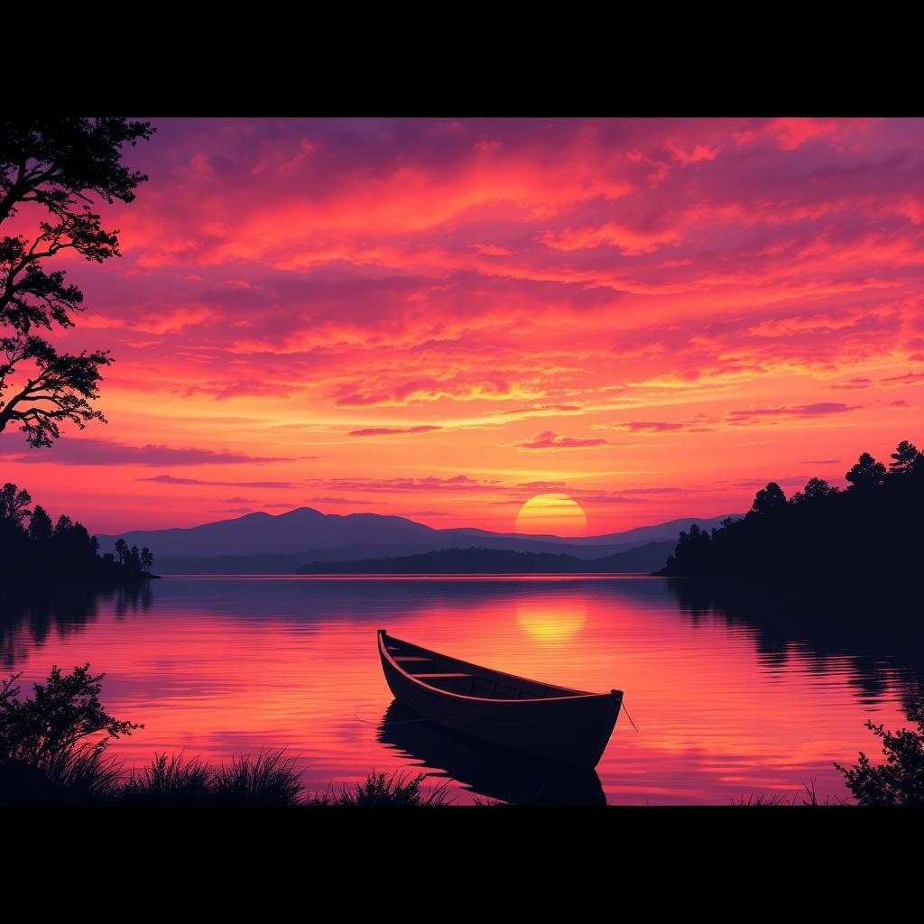 Artwork of a beautiful sunset over a tranquil lake, with vibrant oranges, pinks, and purples in the sky reflecting on the water