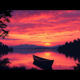 Artwork of a beautiful sunset over a tranquil lake, with vibrant oranges, pinks, and purples in the sky reflecting on the water