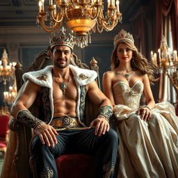 A sexy king dressed in luxurious royal attire, adorned with intricate gold embroidery and jeweled accents, confidently seated on an ornate throne