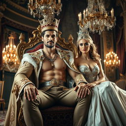 A sexy king dressed in luxurious royal attire, adorned with intricate gold embroidery and jeweled accents, confidently seated on an ornate throne