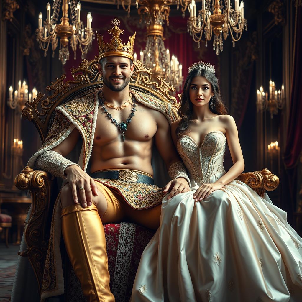 A sexy king dressed in luxurious royal attire, adorned with intricate gold embroidery and jeweled accents, confidently seated on an ornate throne