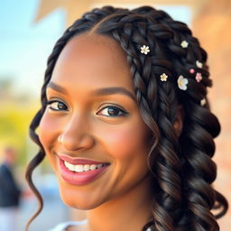 A close-up portrait of a person with beautifully styled hair, showcasing intricate braids and soft waves, under warm sunlight