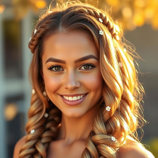 A close-up portrait of a person with beautifully styled hair, showcasing intricate braids and soft waves, under warm sunlight