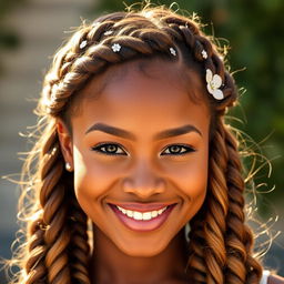 A close-up portrait of a person with beautifully styled hair, showcasing intricate braids and soft waves, under warm sunlight