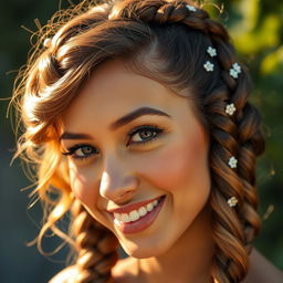 A close-up portrait of a person with beautifully styled hair, showcasing intricate braids and soft waves, under warm sunlight