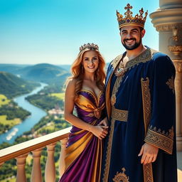 A hot king and his beautiful queen standing on a grand balcony overlooking a majestic kingdom