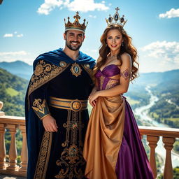A hot king and his beautiful queen standing on a grand balcony overlooking a majestic kingdom