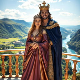 A hot king and his beautiful queen standing on a grand balcony overlooking a majestic kingdom