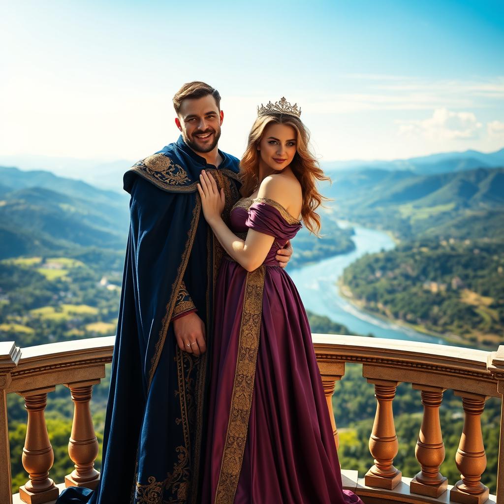 A hot king and his beautiful queen standing on a grand balcony overlooking a majestic kingdom