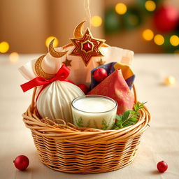 A beautiful festive hamper made from traditional woven bamboo (besek), filled with two perfectly wrapped ketupat rice cakes and a rich, fragrant coconut milk sauce (kuah) in a decorative container