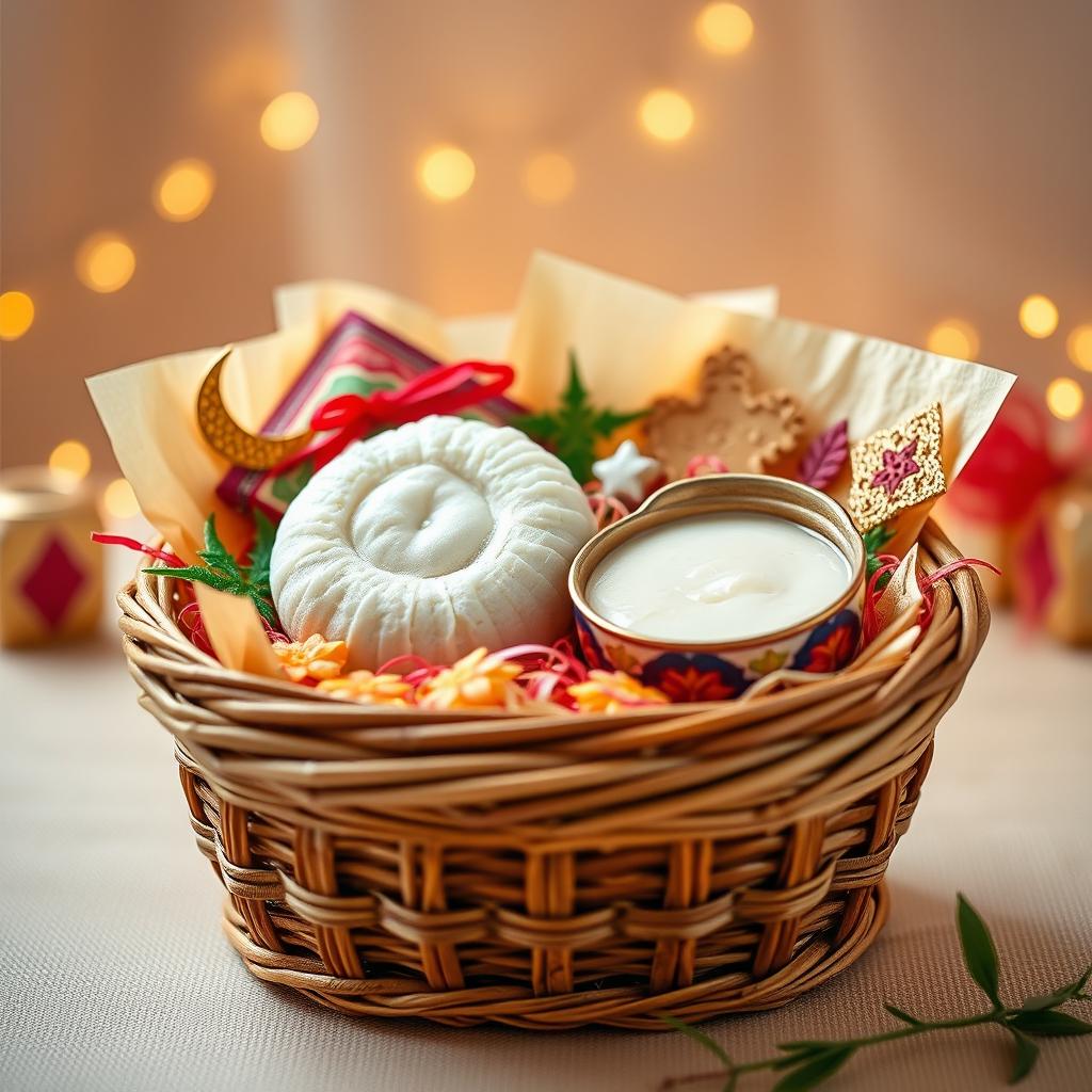 A beautiful festive hamper made from traditional woven bamboo (besek), filled with two perfectly wrapped ketupat rice cakes and a rich, fragrant coconut milk sauce (kuah) in a decorative container