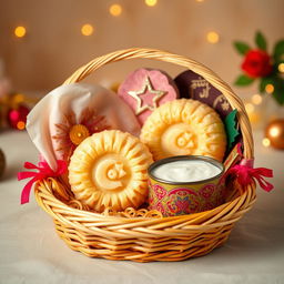 A beautiful festive hamper made from traditional woven bamboo (besek), filled with two perfectly wrapped ketupat rice cakes and a rich, fragrant coconut milk sauce (kuah) in a decorative container