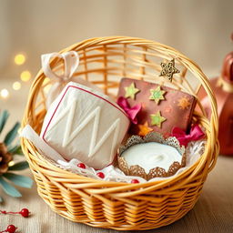 A beautiful festive hamper made from traditional woven bamboo (besek), filled with two perfectly wrapped ketupat rice cakes and a rich, fragrant coconut milk sauce (kuah) in a decorative container