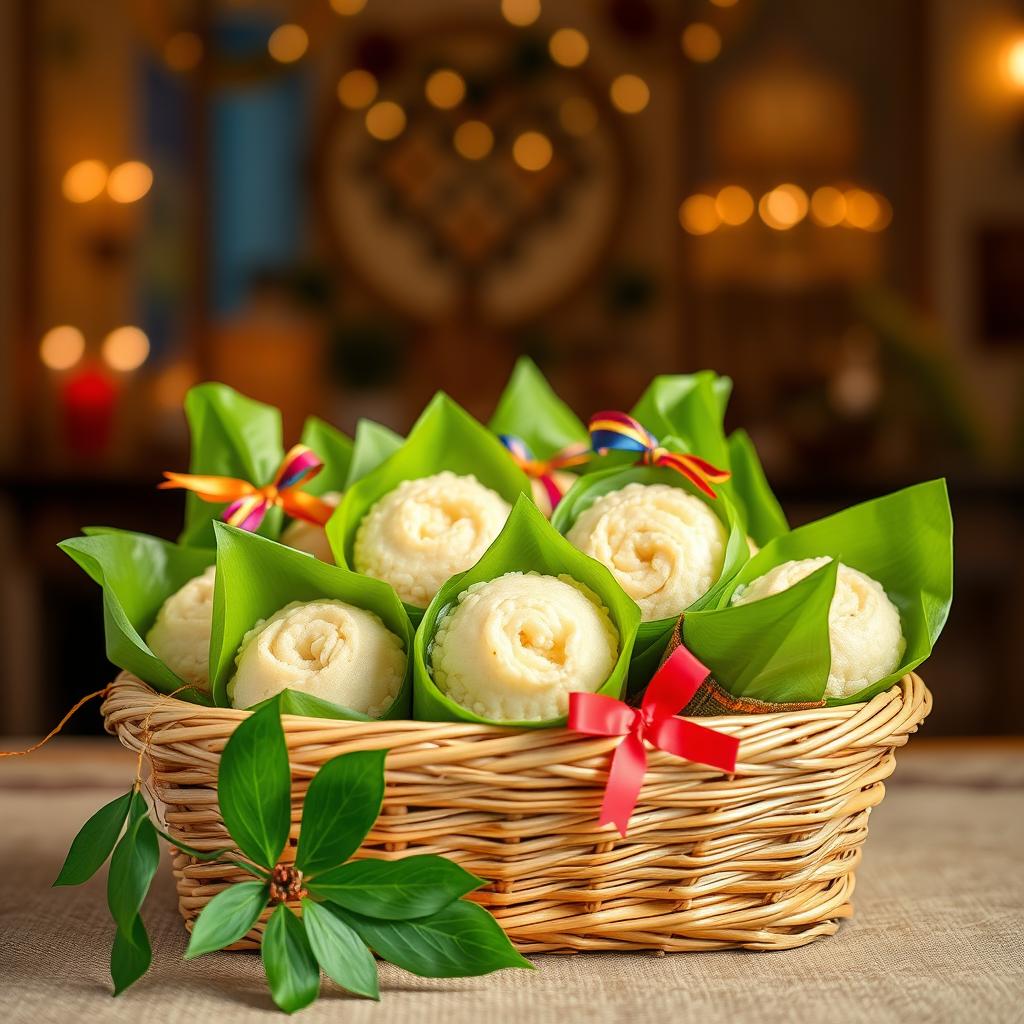 A festive hamper filled with beautifully wrapped ketupat rice cakes, expertly arranged in a traditional woven bamboo container (besek)