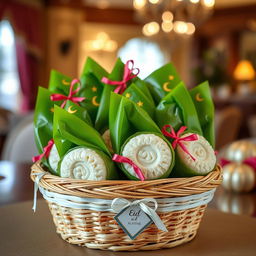 A festive hamper filled with beautifully wrapped ketupat rice cakes, expertly arranged in a traditional woven bamboo container (besek)