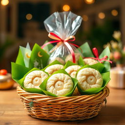 A festive hamper filled with beautifully wrapped ketupat rice cakes, expertly arranged in a traditional woven bamboo container (besek)