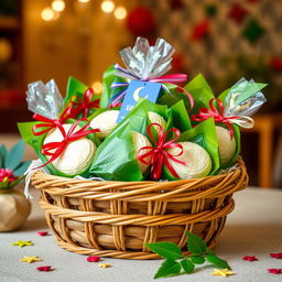 A festive hamper filled with beautifully wrapped ketupat rice cakes, expertly arranged in a traditional woven bamboo container (besek)