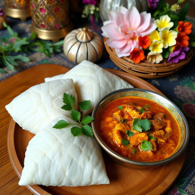 A beautifully arranged traditional Indonesian Eid Fitr meal featuring 'ketupat' rice cakes, artistically presented alongside a rich, aromatic curry