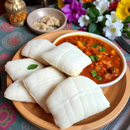 A beautifully arranged traditional Indonesian Eid Fitr meal featuring 'ketupat' rice cakes, artistically presented alongside a rich, aromatic curry