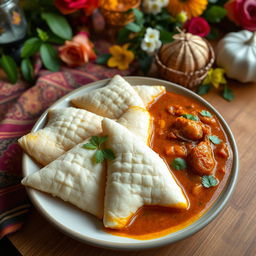 A beautifully arranged traditional Indonesian Eid Fitr meal featuring 'ketupat' rice cakes, artistically presented alongside a rich, aromatic curry
