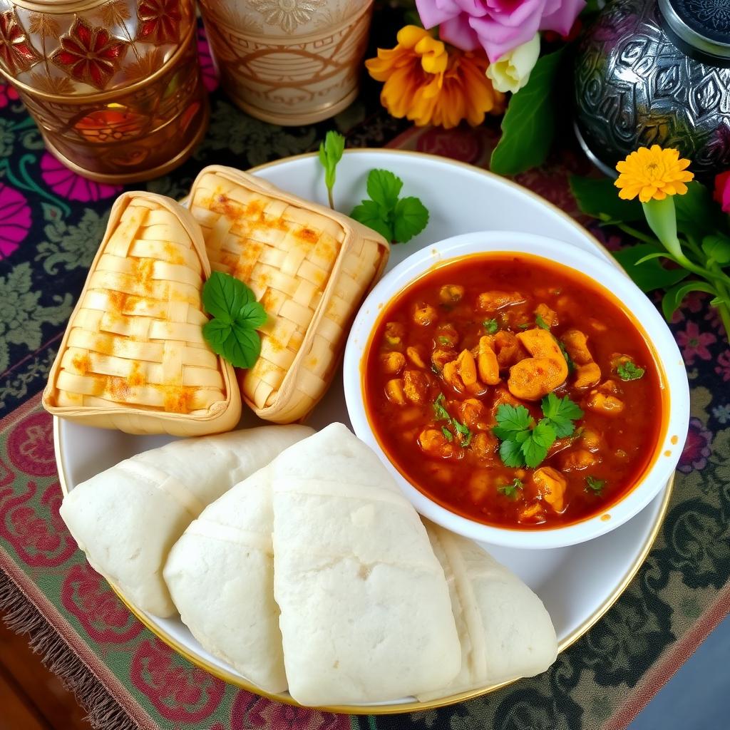 A beautifully arranged traditional Indonesian Eid Fitr meal featuring 'ketupat' rice cakes, artistically presented alongside a rich, aromatic curry
