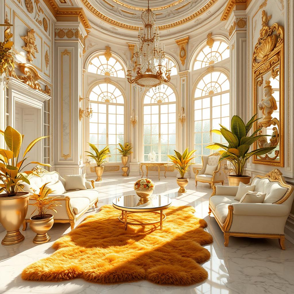 A luxurious and elaborate scene where all white elements are transformed into shimmering gold