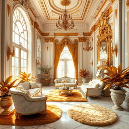 A luxurious and elaborate scene where all white elements are transformed into shimmering gold
