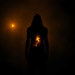 A mysterious shadow figure standing in a dark room, radiating an aura of suppressed energy