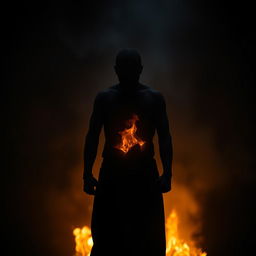 A mysterious shadow figure standing in a dark room, radiating an aura of suppressed energy