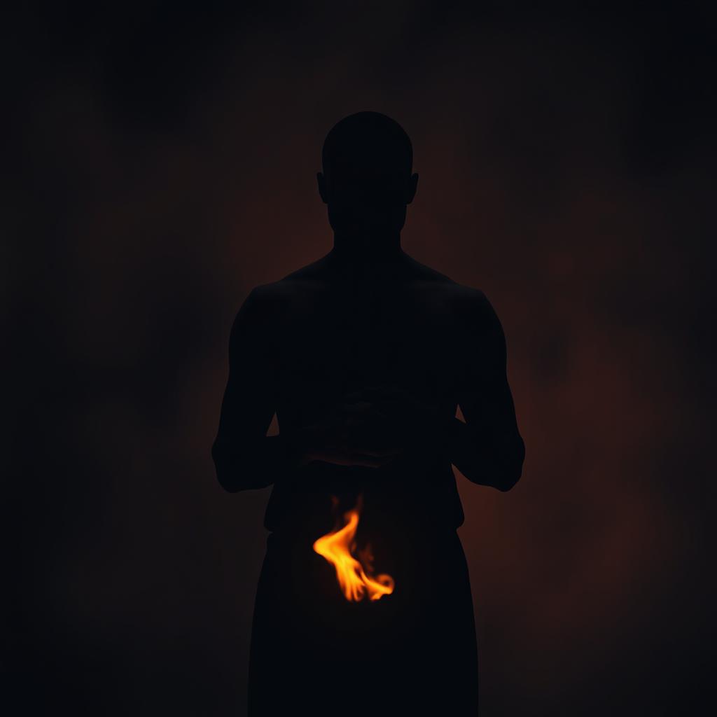 A mysterious shadow figure standing in a dark room, radiating an aura of suppressed energy