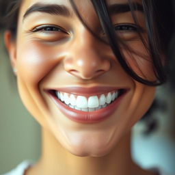 A close-up portrait of a smiling person with perfect teeth, showcasing a bright and even smile