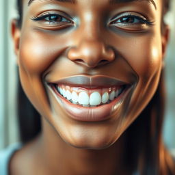 A close-up portrait of a smiling person with perfect teeth, showcasing a bright and even smile