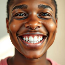 A close-up portrait of a smiling person with perfect teeth, showcasing a bright and even smile