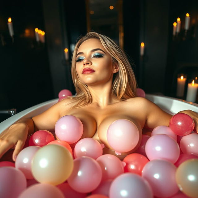 A beautiful, sensuous 18-year-old girl with a thin face and curvy, plump figure, featuring long blond hair, lies nude in an extravagant, oversized luxurious bathtub filled with shiny, soft, multi-colored water balloons that cover her soft body