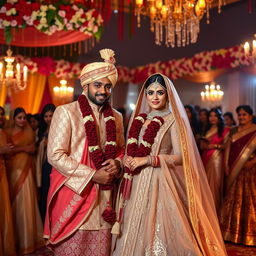 A beautiful and elaborate wedding scene featuring two glamorous figures, resembling iconic Bollywood stars, celebrating their wedding