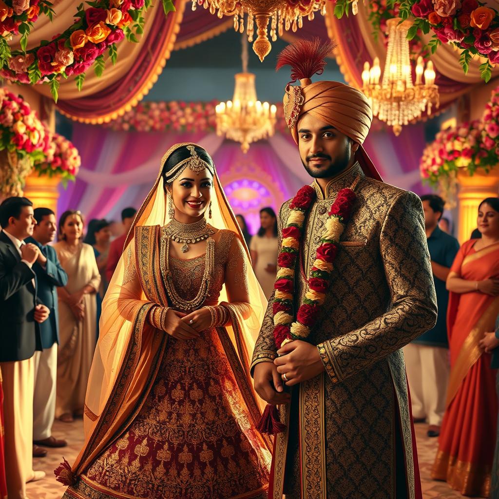 A beautiful and elaborate wedding scene featuring two glamorous figures, resembling iconic Bollywood stars, celebrating their wedding